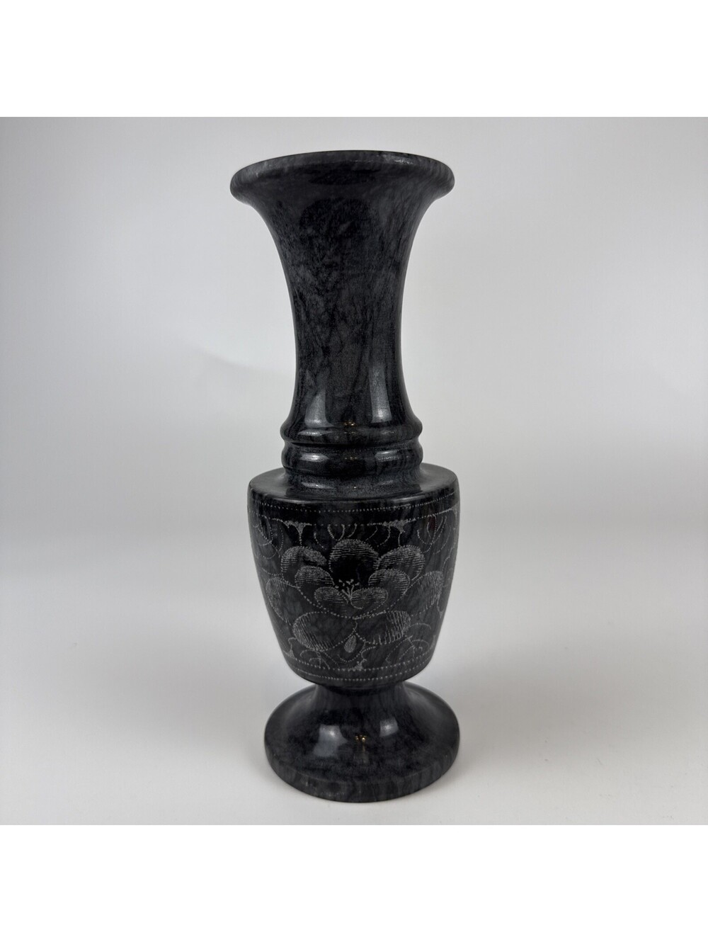 Marble 8" Floral Etched Vase Black Stone Vintage Hand Carved Bud Urn Home Decor